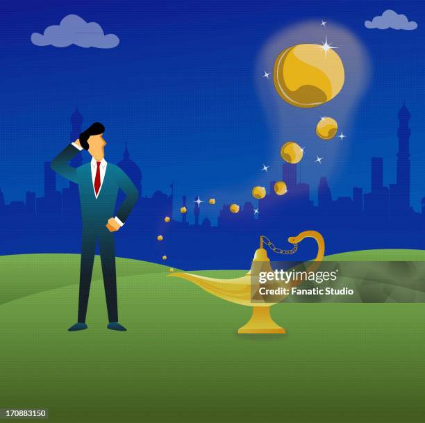 stockillustraties, clipart, cartoons en iconen met businessman standing next to a magical lamp - pakjesavond
