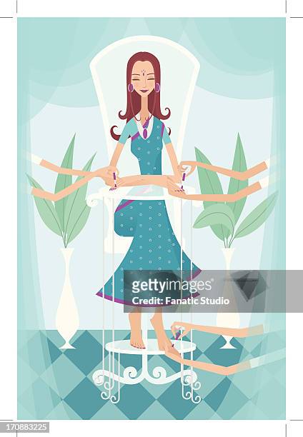 woman having pedicure and manicure from beauticians - nail salon stock illustrations