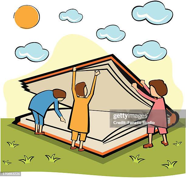 children opening a large book - hybrid cloud stock illustrations
