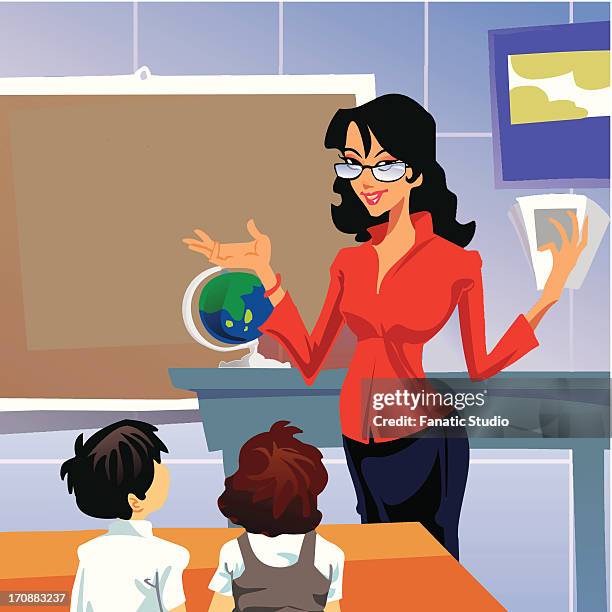 female teacher in a classroom - table numbers stock illustrations