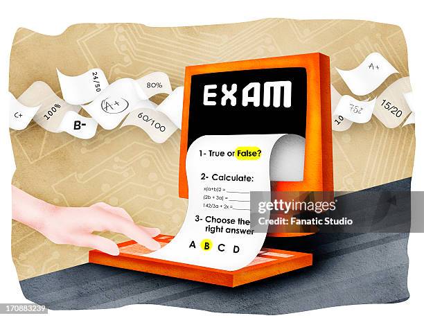exam paper with desktop pc - student debate stock illustrations