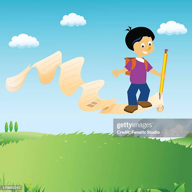 schoolboy writing on a sheet of paper - hybrid cloud stock illustrations