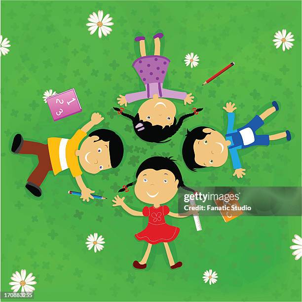 ilustrações, clipart, desenhos animados e ícones de children lying on grass - design plat