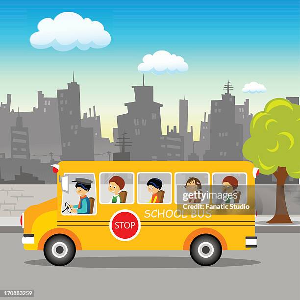 school bus on its way - avenue stock-grafiken, -clipart, -cartoons und -symbole