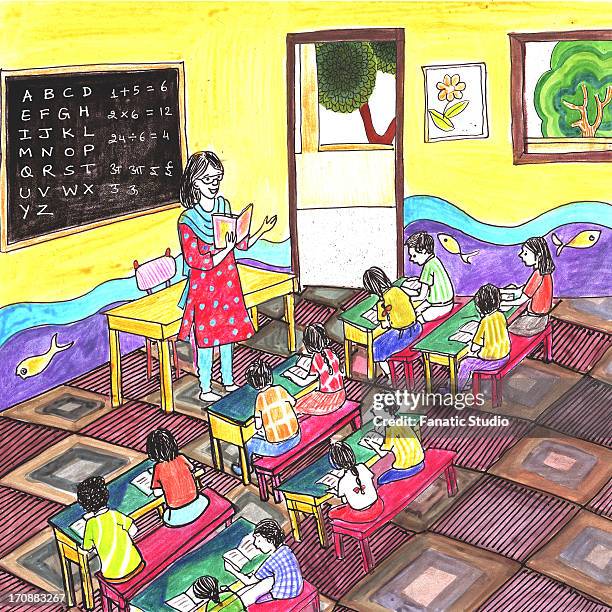 female teacher in a classroom - long table food stock illustrations