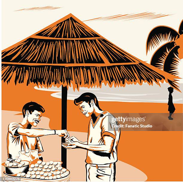 vendor serving indian snack panipuri to a man on the beach, india - thatched roof stock-grafiken, -clipart, -cartoons und -symbole