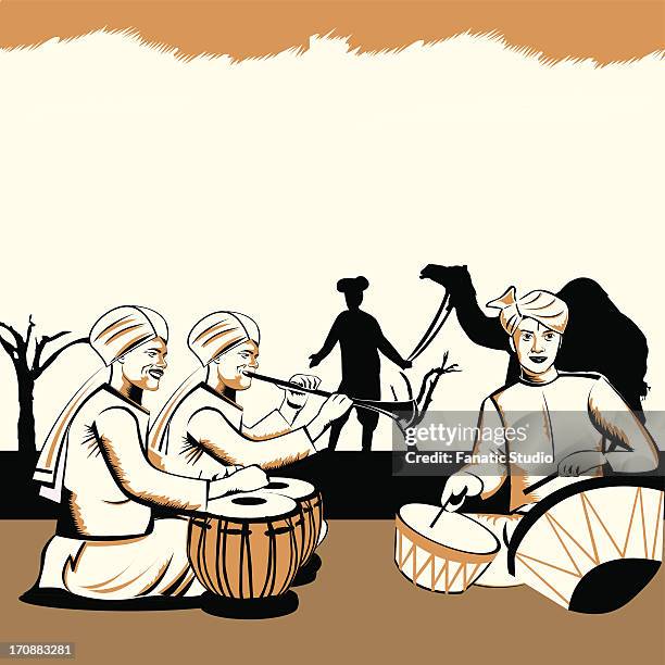 three men playing musical instruments, rajasthan, india - composer stock illustrations