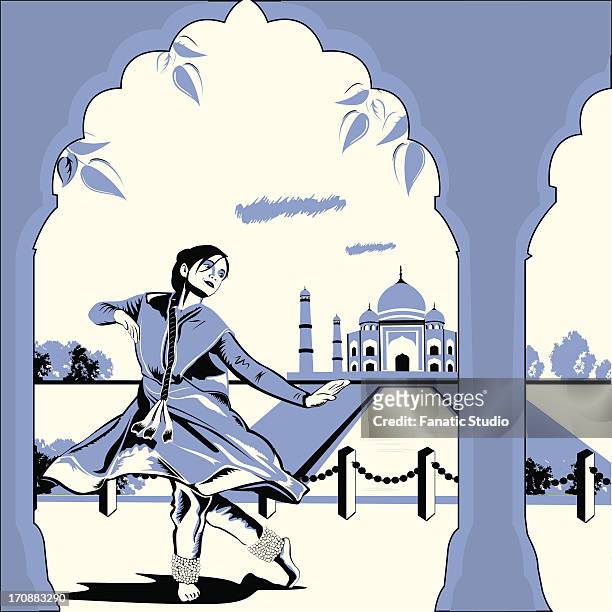 ilustrações de stock, clip art, desenhos animados e ícones de woman performing bharatnatyam the indian classical dance in front of a mausoleum, taj mahal, agra, india - arte cultura e espetáculo