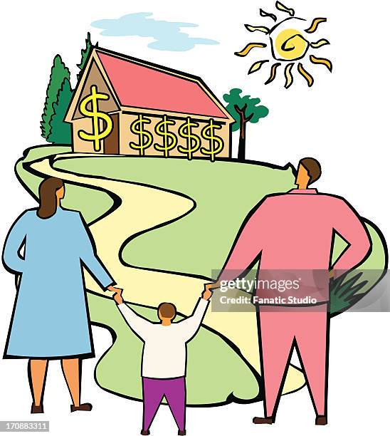 bildbanksillustrationer, clip art samt tecknat material och ikoner med couple with their son looking at a house - footsteps on a boardwalk