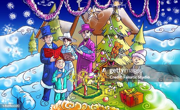 family celebrating christmas - chapeau studio stock illustrations