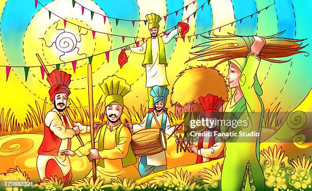 ilustrações de stock, clip art, desenhos animados e ícones de people celebrating baisakhi festival - turbante indiano