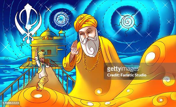 ilustrações, clipart, desenhos animados e ícones de guru nanak dev the first guru of sikhism with golden temple in the background - camisola