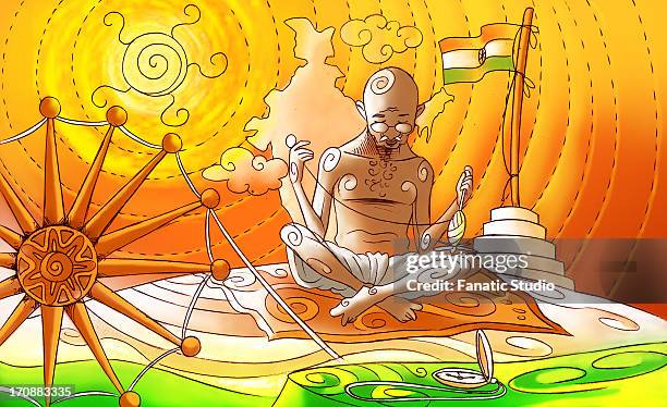 mahatma gandhi spinning thread on spinning wheel - gandhi charkha stock illustrations