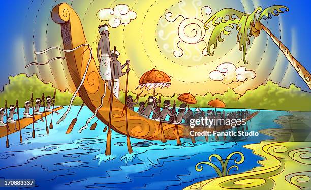 illustrazioni stock, clip art, cartoni animati e icone di tendenza di group of people participating in a snake boat racing, kerala, india - onam