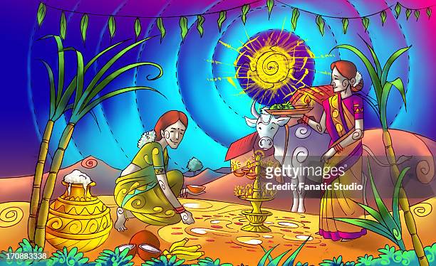 ilustrações de stock, clip art, desenhos animados e ícones de two women praying cattle with festival of pongal, tamil nadu, india - louvar religião