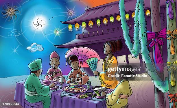 japanese new year celebration - couple making dinner stock illustrations