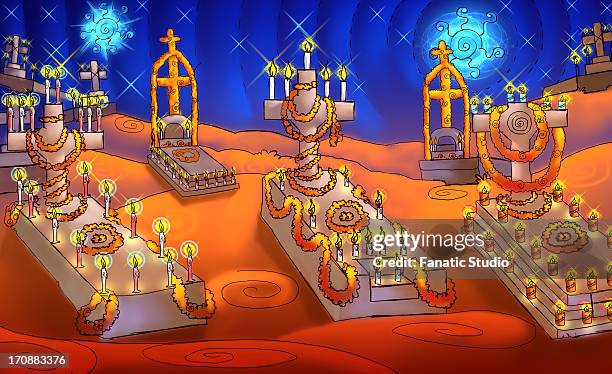 tombstones in a cemetery - burning the candle at both ends stock illustrations