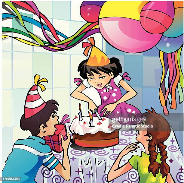 girl celebrating her birthday with her friends - surprise birthday party stock illustrations