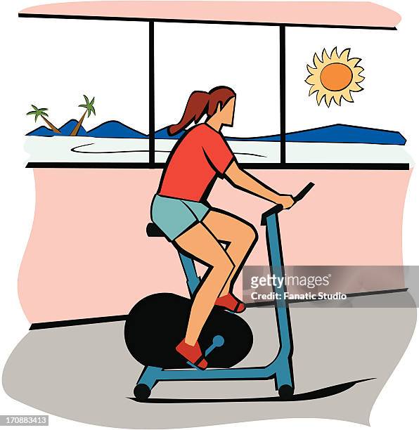woman using an exercise bike - country club stock illustrations