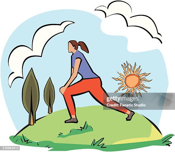 woman exercising - sunrise yoga stock illustrations