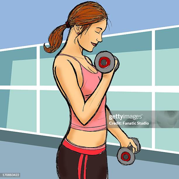woman exercising with dumbbells - sweating gym stock illustrations