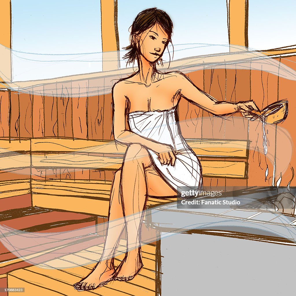 Woman sitting in a sauna