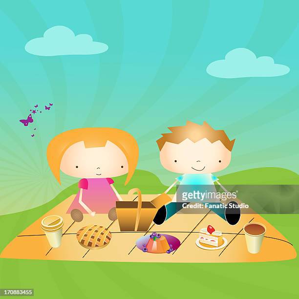 ilustraciones, imágenes clip art, dibujos animados e iconos de stock de boy and a girl on a picnic in a park - marmalade