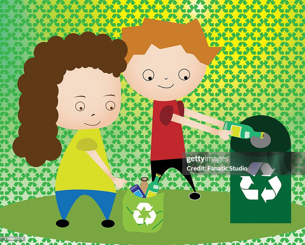 Boy and a girl throwing plastic bottles in recycling bin