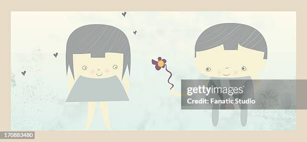 boy giving a flower to a girl - asking mom stock illustrations