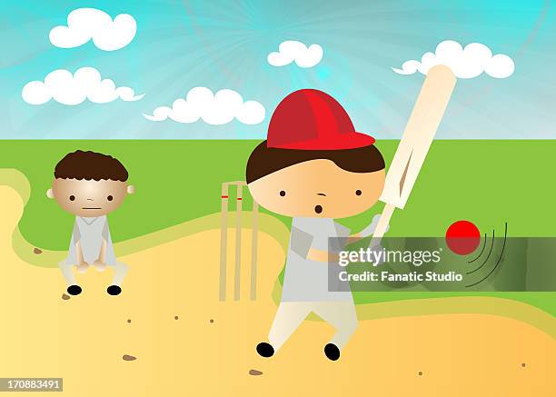 boys playing cricket - people standing in field stock illustrations