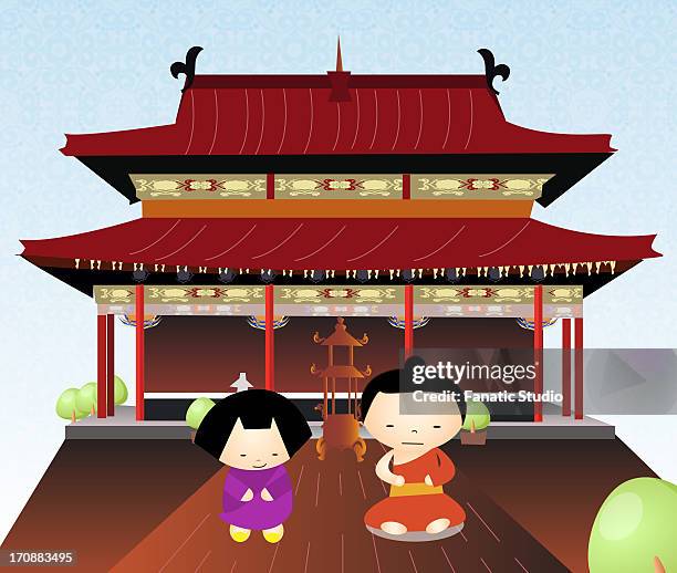monk and a nun praying in a monastery, china - chinese traditional courtyard stock illustrations