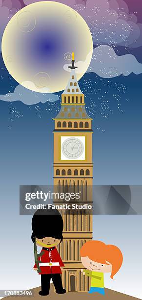 stockillustraties, clipart, cartoons en iconen met girl standing with an honor guard in front of a clock tower, big ben, houses of parliament, city of westminster, london, england - klokkentoren met wijzerplaat