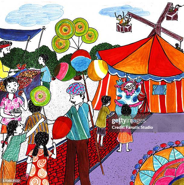 stockillustraties, clipart, cartoons en iconen met kids enjoying in a fair - famous family funfair