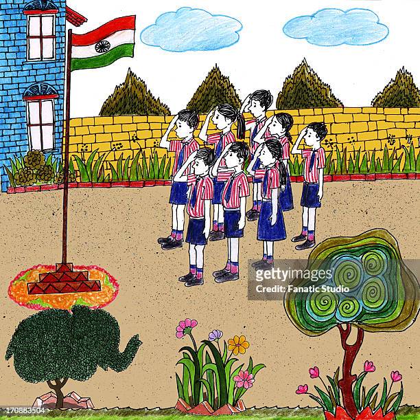 students saluting indian flag on independence day - trauerzeit stock-grafiken, -clipart, -cartoons und -symbole