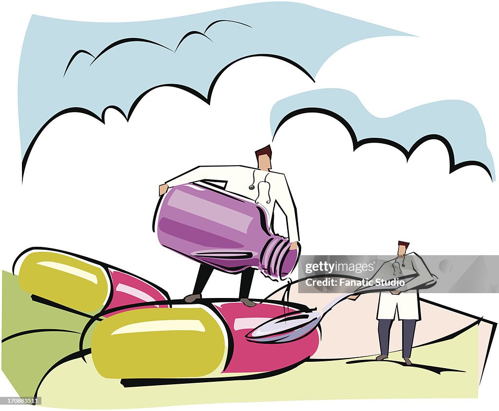 Doctor pouring syrup in a spoon held by another doctor