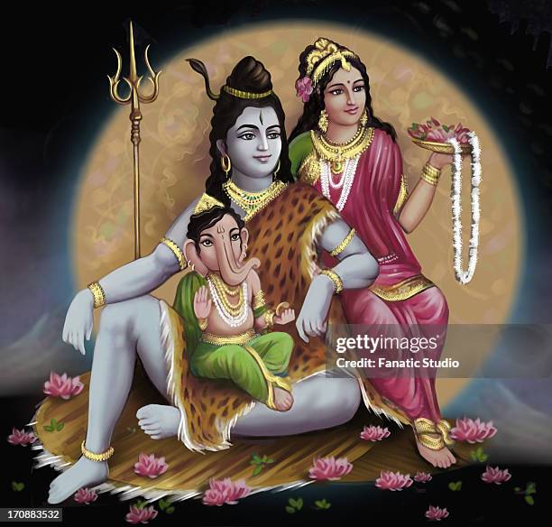 ilustrações de stock, clip art, desenhos animados e ícones de close-up of shiv-parvati with lord ganesha - shiva