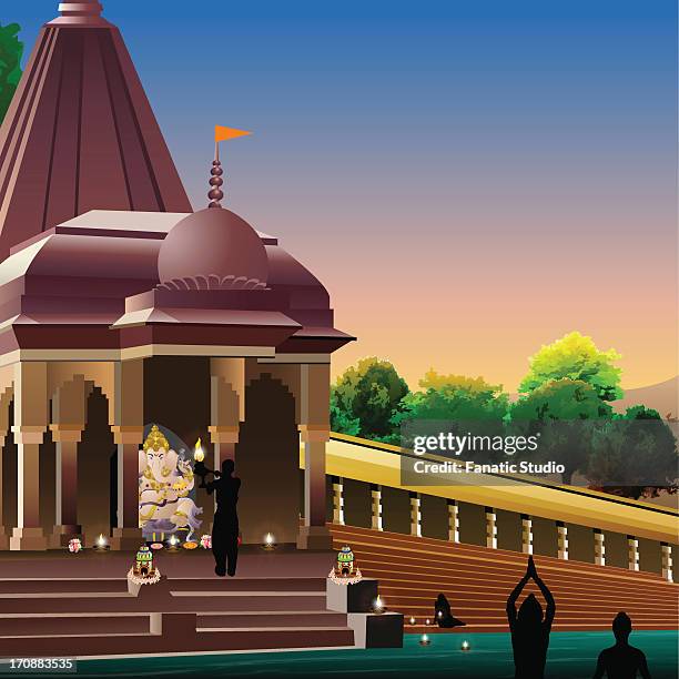 devotees worshipping lord ganesha at a ghat, india - temple body part stock illustrations