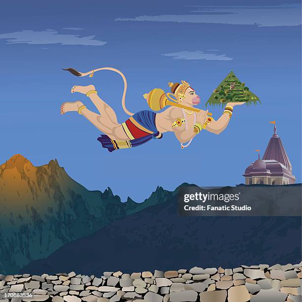 lord hanuman flying with dronagiri mountain - monkey tail stock illustrations
