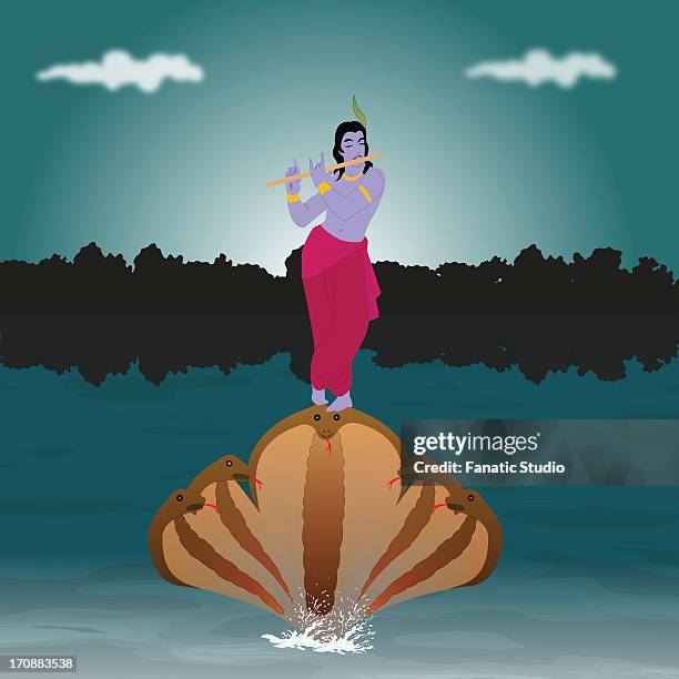 illustrations, cliparts, dessins animés et icônes de lord krishna playing flute on the head of kaliya the cobra - flute traversiere