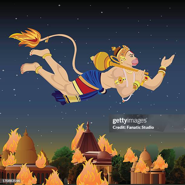 lord hanuman burning houses in lanka - monkey god stock illustrations