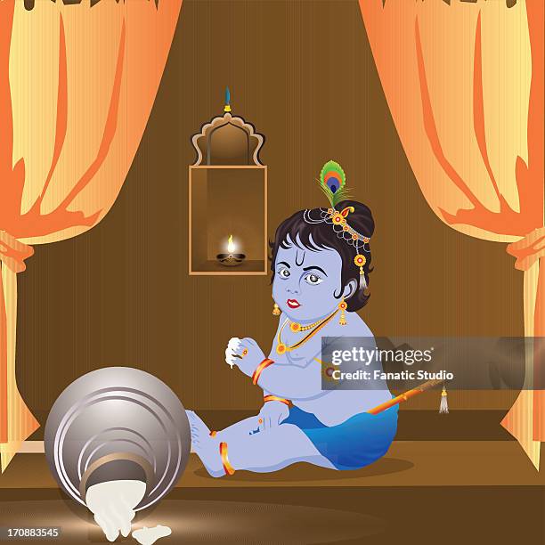 illustrations, cliparts, dessins animés et icônes de close-up of lord krishna eating butter - god