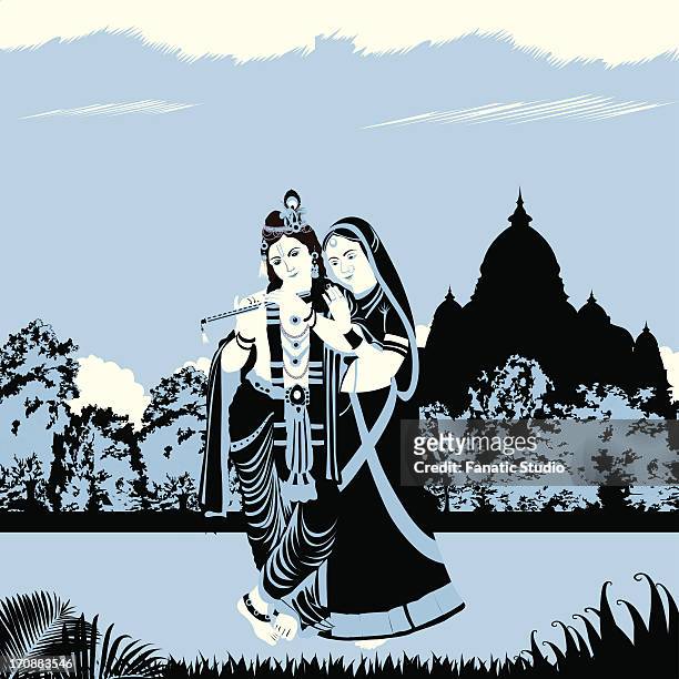 illustrations, cliparts, dessins animés et icônes de lord krishna with goddess radha - flute traversiere