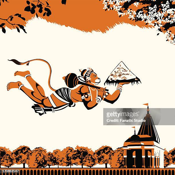 lord hanuman flying with dronagiri mountain - affengott stock-grafiken, -clipart, -cartoons und -symbole