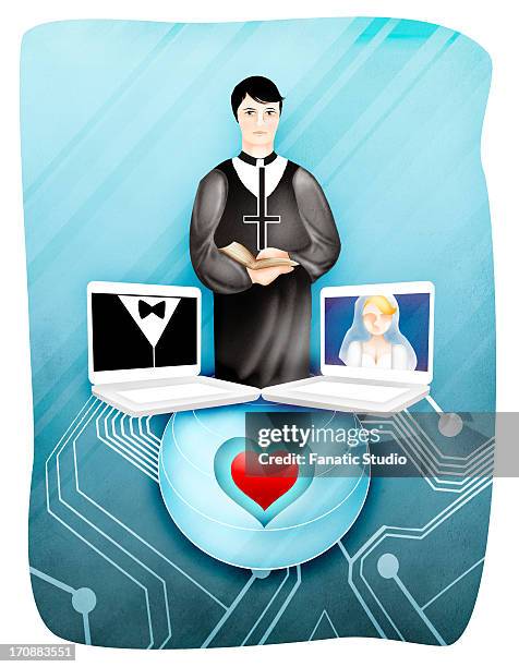 bride and groom with officiate during online marriage - flat screen on stand stock illustrations