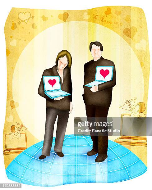 man and a woman standing with laptops - organisieren stock illustrations