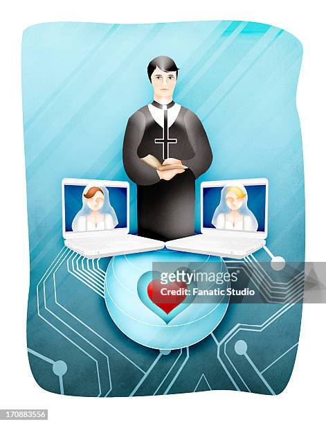 female newlywed couple with officiate during online wedding - organisieren stock illustrations