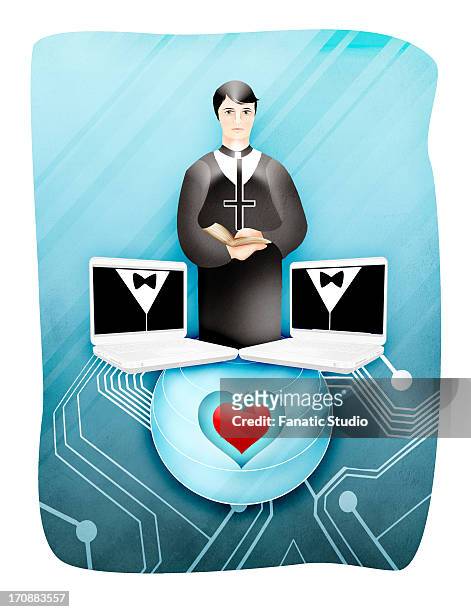 newlywed gay couple with officiate during online marriage - organisieren stock illustrations