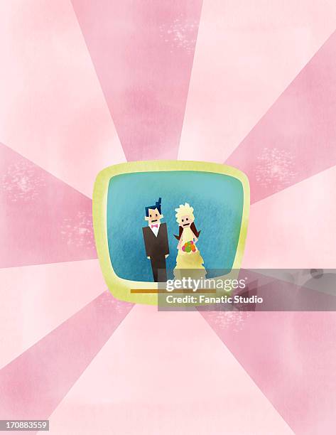 illustrative representation of online wedding - front on groom and bride stock illustrations