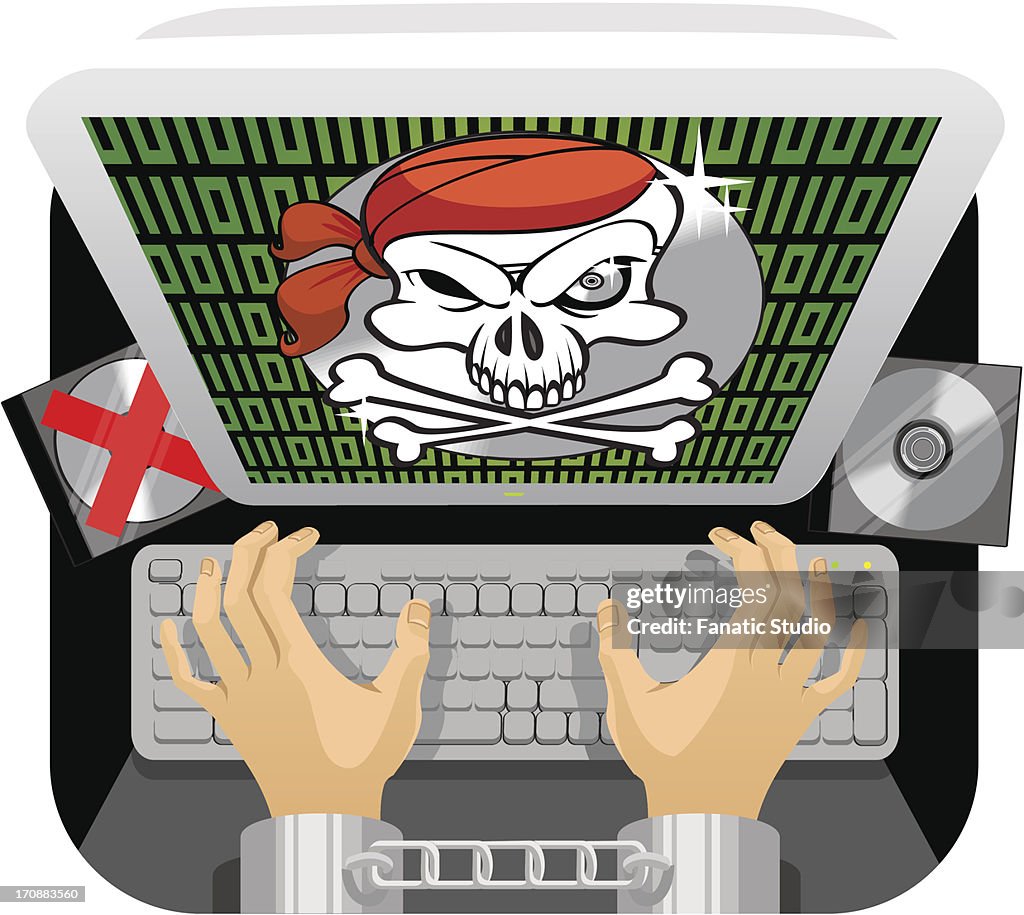 Handcuffed person's hand using a keyboard with anti piracy message flashed on the computer screen