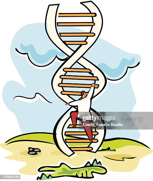 scientist moving up on a dna ladder - links in the chain of human evolution stock illustrations